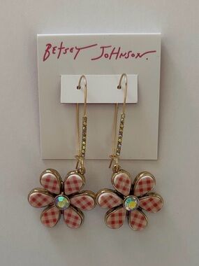 Betsey Johnson Gold-Tone Pink Gingham Flower Drop Earrings